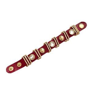 Red Leather Gold Metal Rhinestone Studded Bracelet